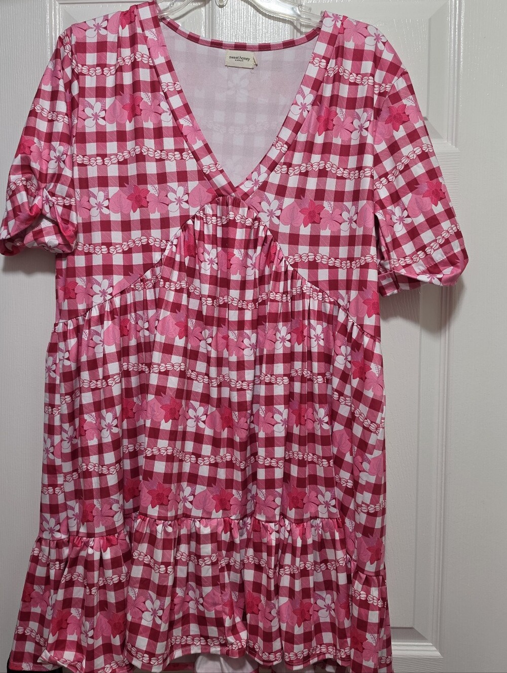 SweetHoneyHawaii Pink Floral Gingham V-Neck Dress
